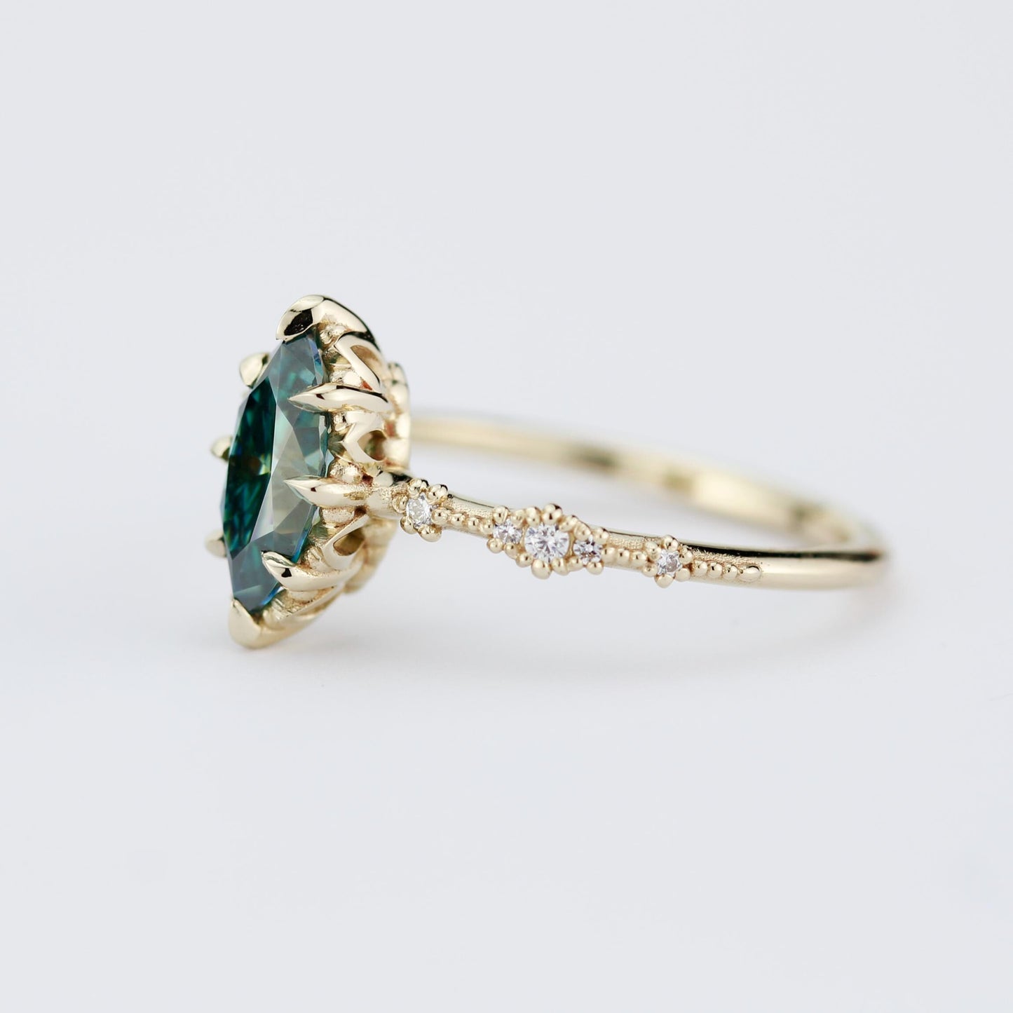 Marquise Cut Teal Green Moissanite Ring with Diamond Accent in 18k Gold