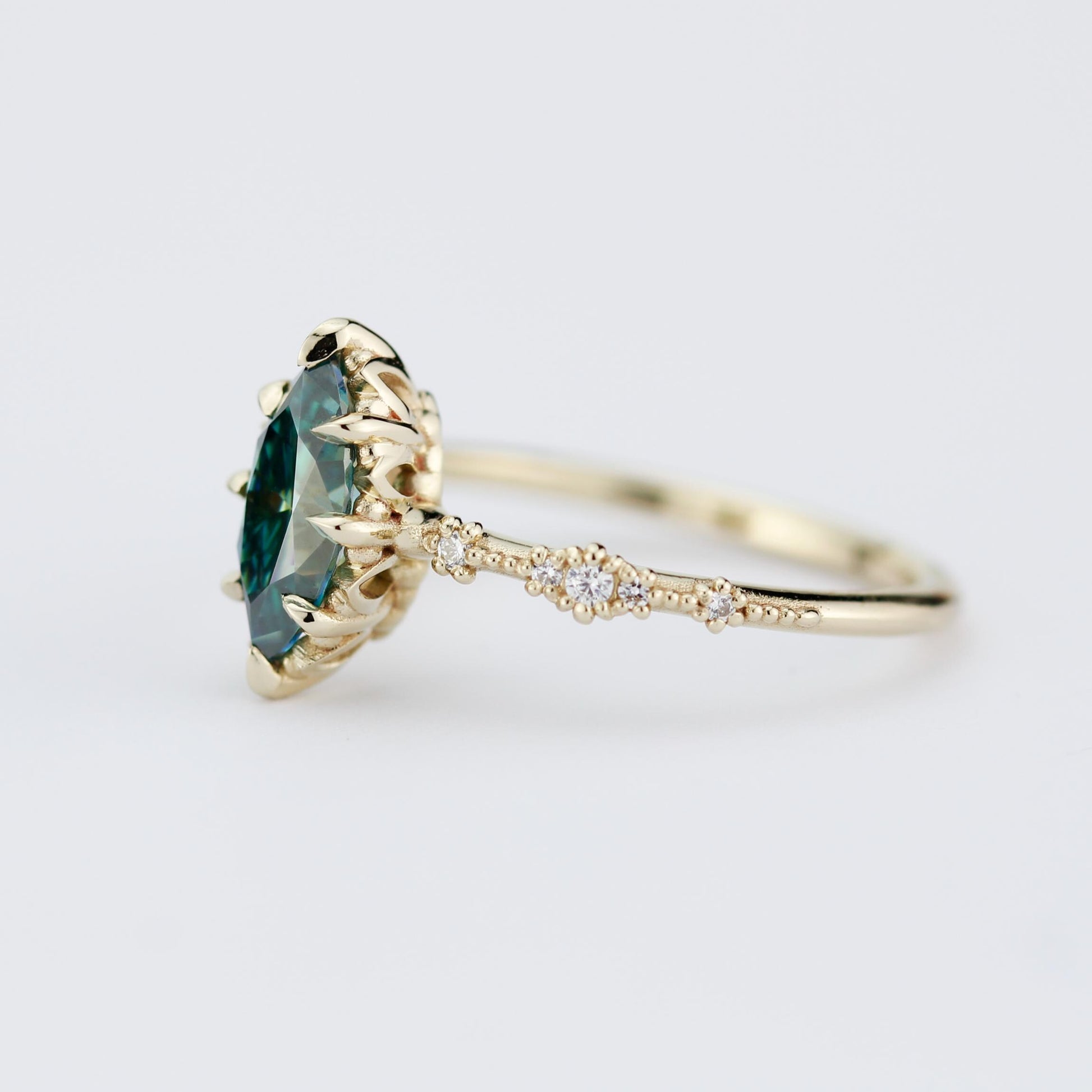 Marquise Cut Teal Green Moissanite Ring with Diamond Accent in 18k Gold