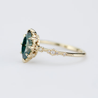 Marquise Cut Teal Green Moissanite Ring with Diamond Accent in 18k Gold