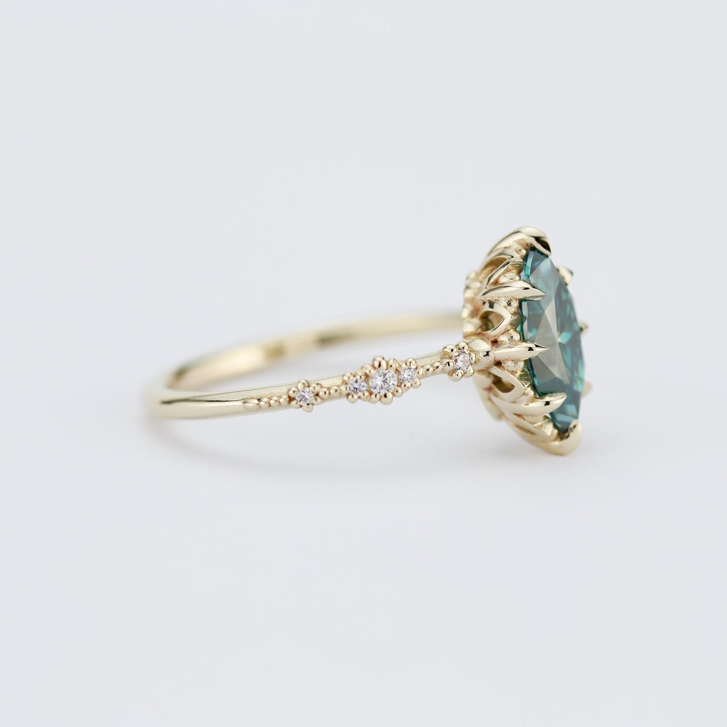 Marquise Cut Teal Green Moissanite Ring with Diamond Accent in 18k Gold