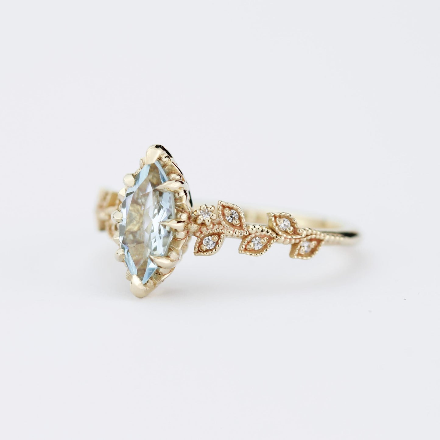 Marquise Aquamarine Ring with Natural Diamonds - Filigree Leaf Design in 18K Gold