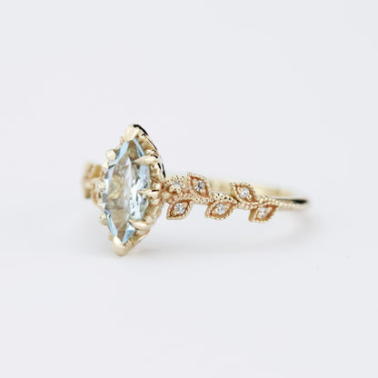 Marquise Aquamarine Ring with Natural Diamonds - Filigree Leaf Design in 18K Gold
