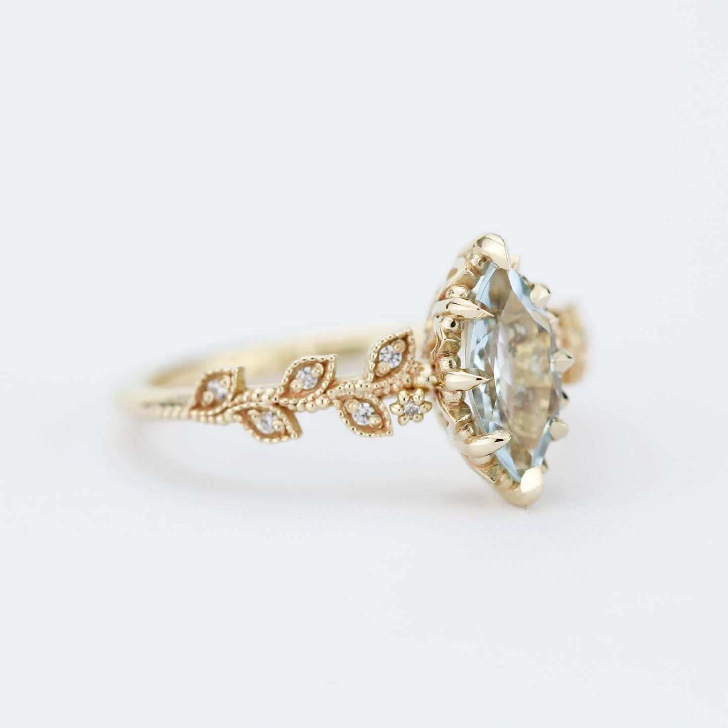 Marquise Aquamarine Ring with Natural Diamonds - Filigree Leaf Design in 18K Gold