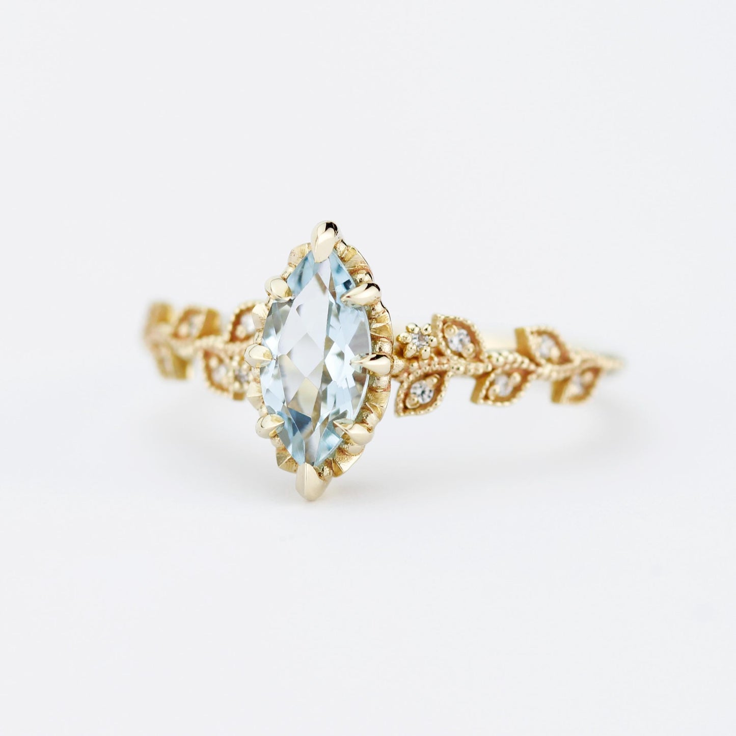 Marquise Aquamarine Ring with Natural Diamonds - Filigree Leaf Design in 18K Gold