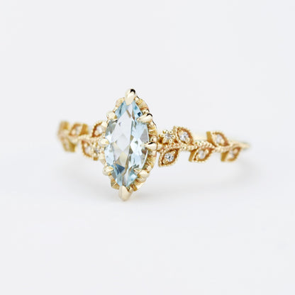 Marquise Aquamarine Ring with Natural Diamonds - Filigree Leaf Design in 18K Gold