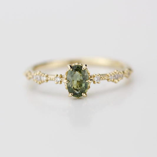 Green sapphire engagement ring, sapphire and diamond ring, oval engagement ring, September birthstone ring | R 322GS