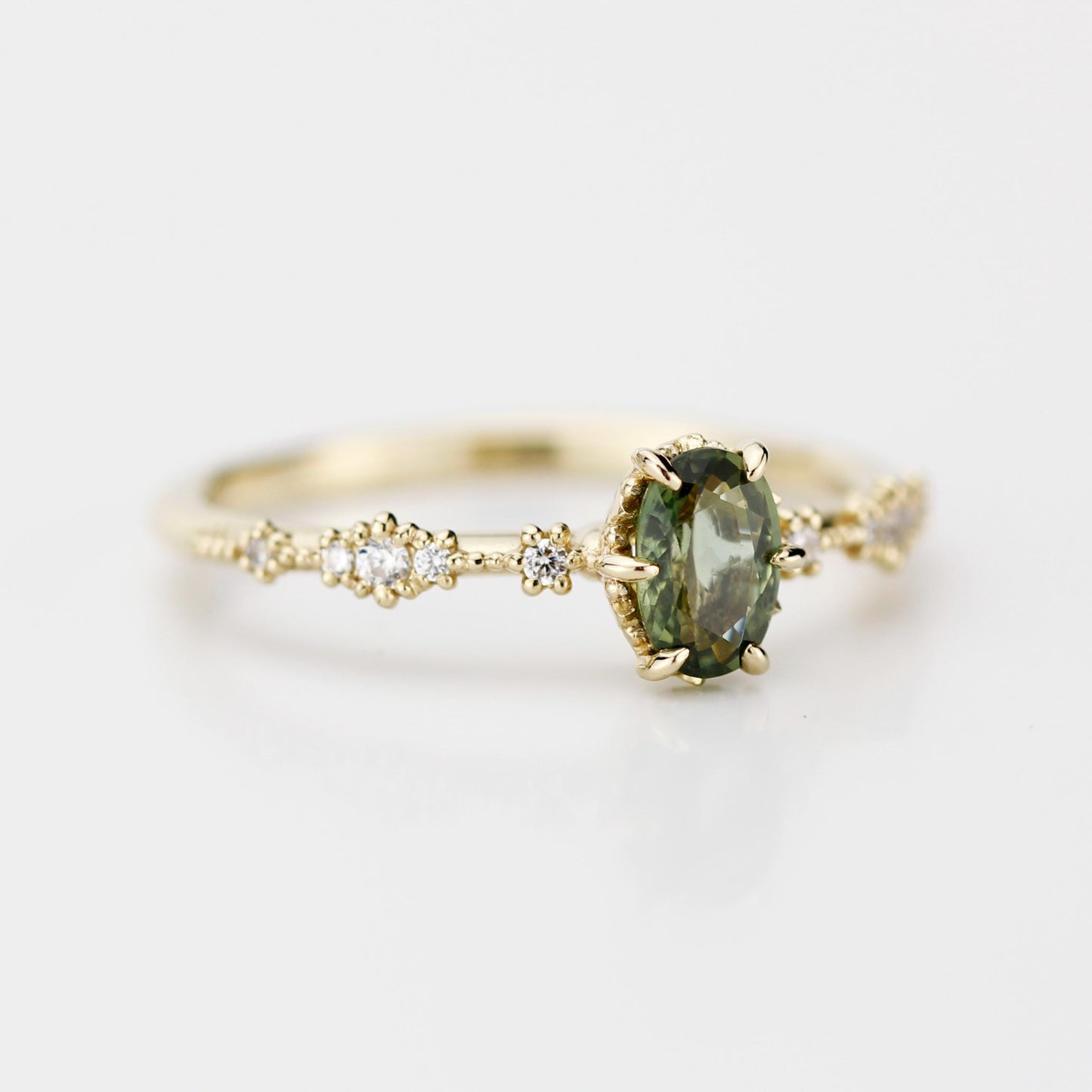 Green sapphire engagement ring, sapphire and diamond ring, oval engagement ring, September birthstone ring | R 322GS