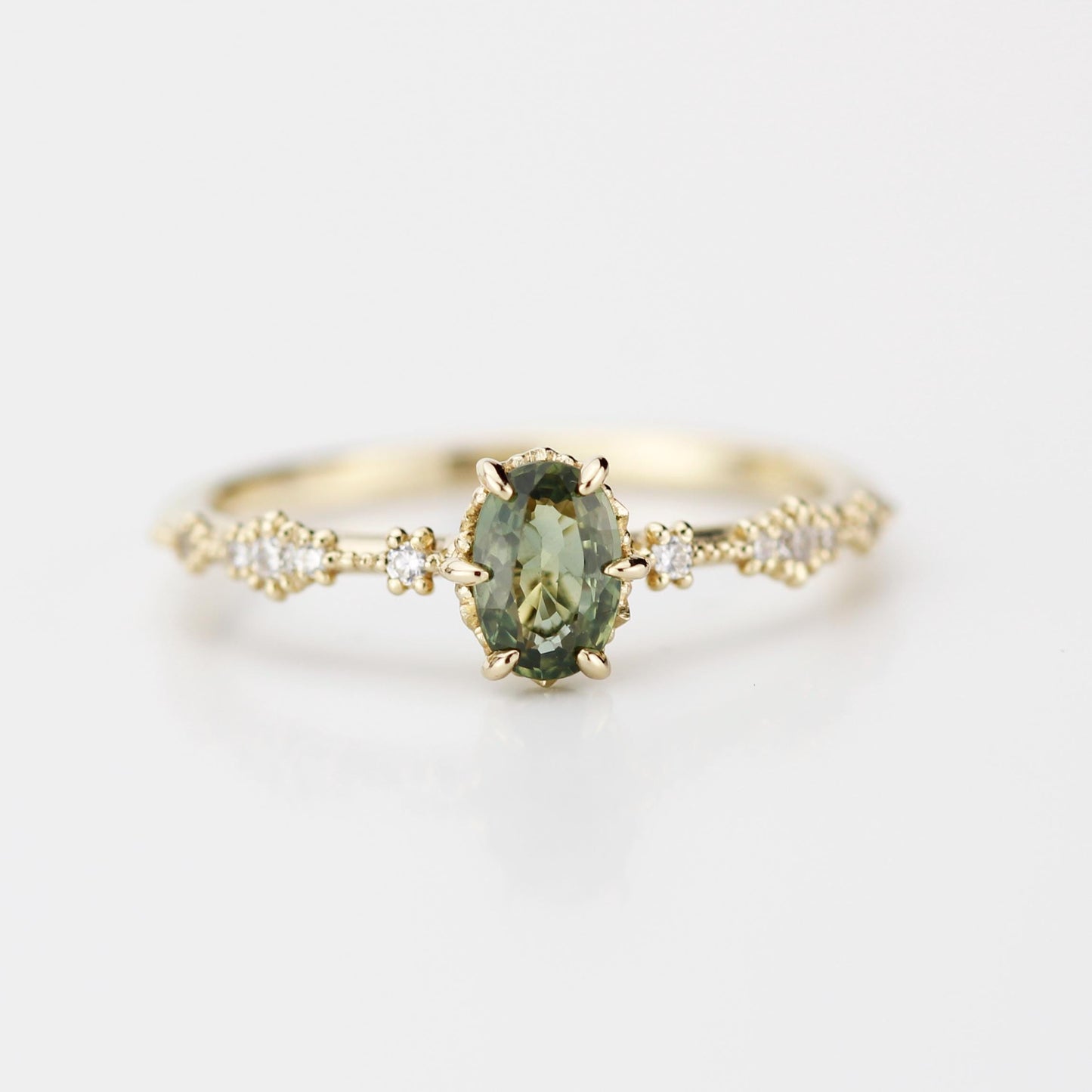 Green sapphire engagement ring, sapphire and diamond ring, oval engagement ring, September birthstone ring | R 322GS