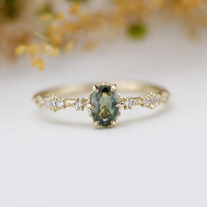 Green sapphire engagement ring, sapphire and diamond ring, oval engagement ring, September birthstone ring | R 322GS