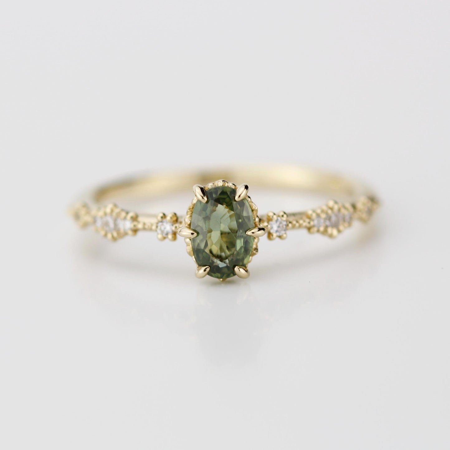 Green sapphire engagement ring, sapphire and diamond ring, oval engagement ring, September birthstone ring | R 322GS