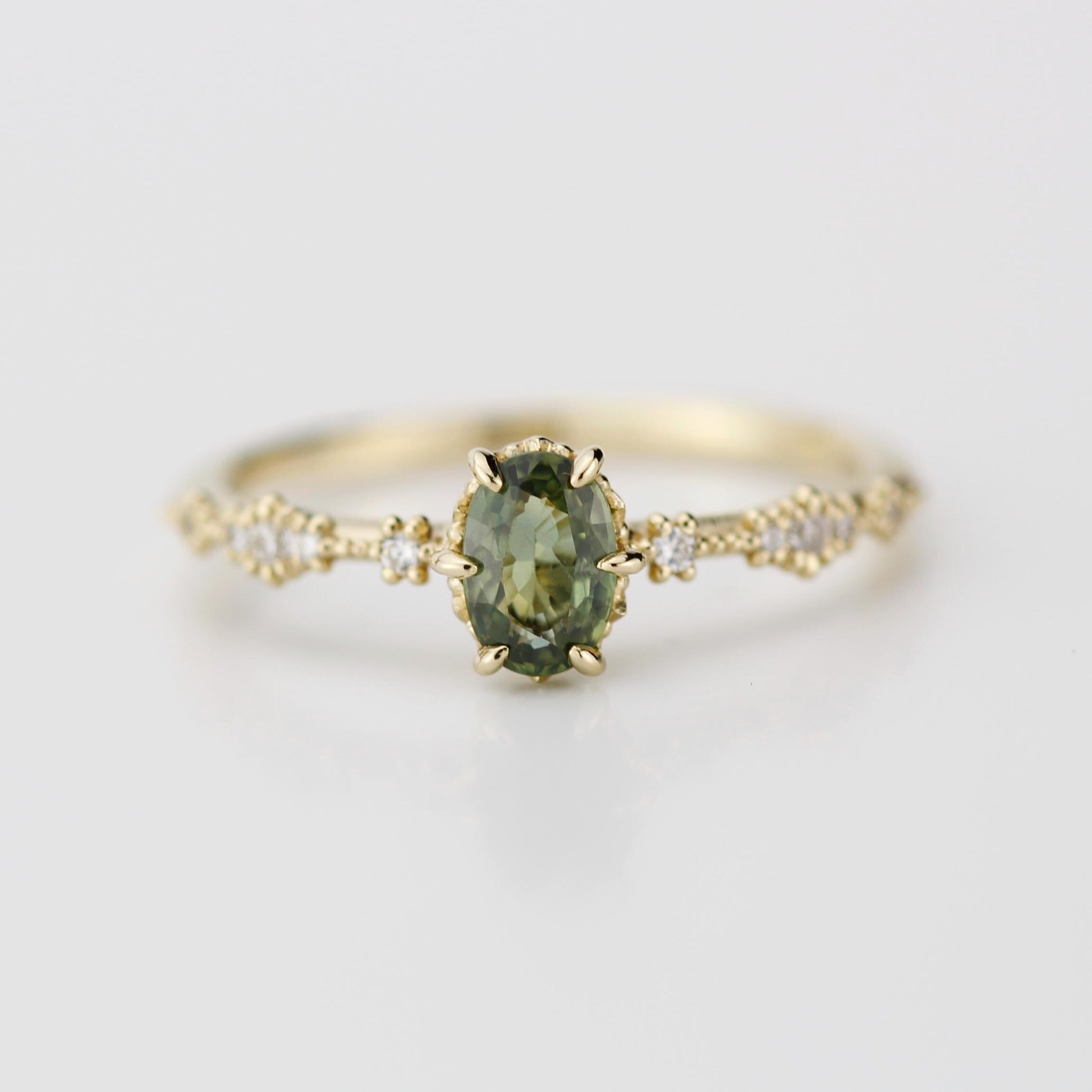 Green sapphire engagement ring, sapphire and diamond ring, oval engagement ring, September birthstone ring | R 322GS