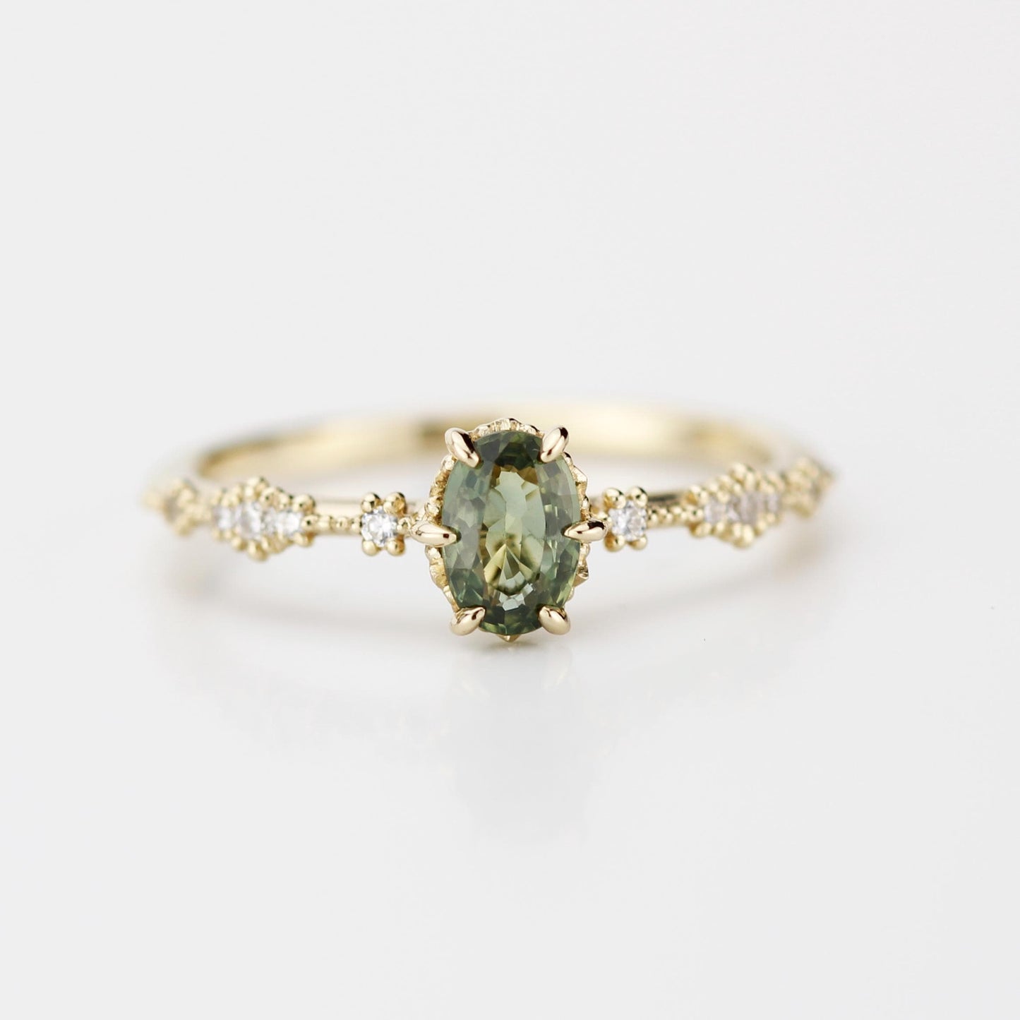 Green sapphire engagement ring, sapphire and diamond ring, oval engagement ring, September birthstone ring | R 322GS