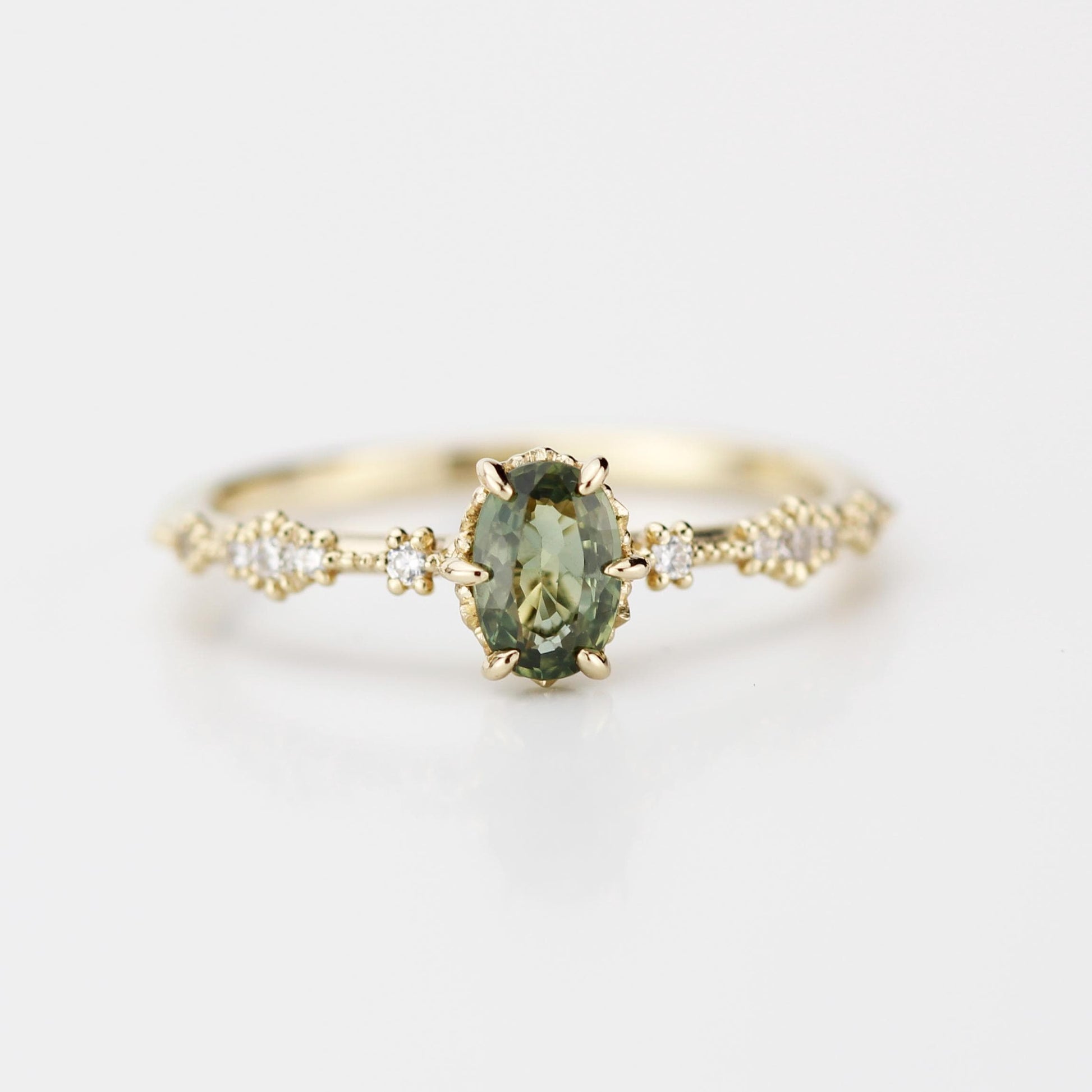 Green sapphire engagement ring, sapphire and diamond ring, oval engagement ring, September birthstone ring | R 322GS