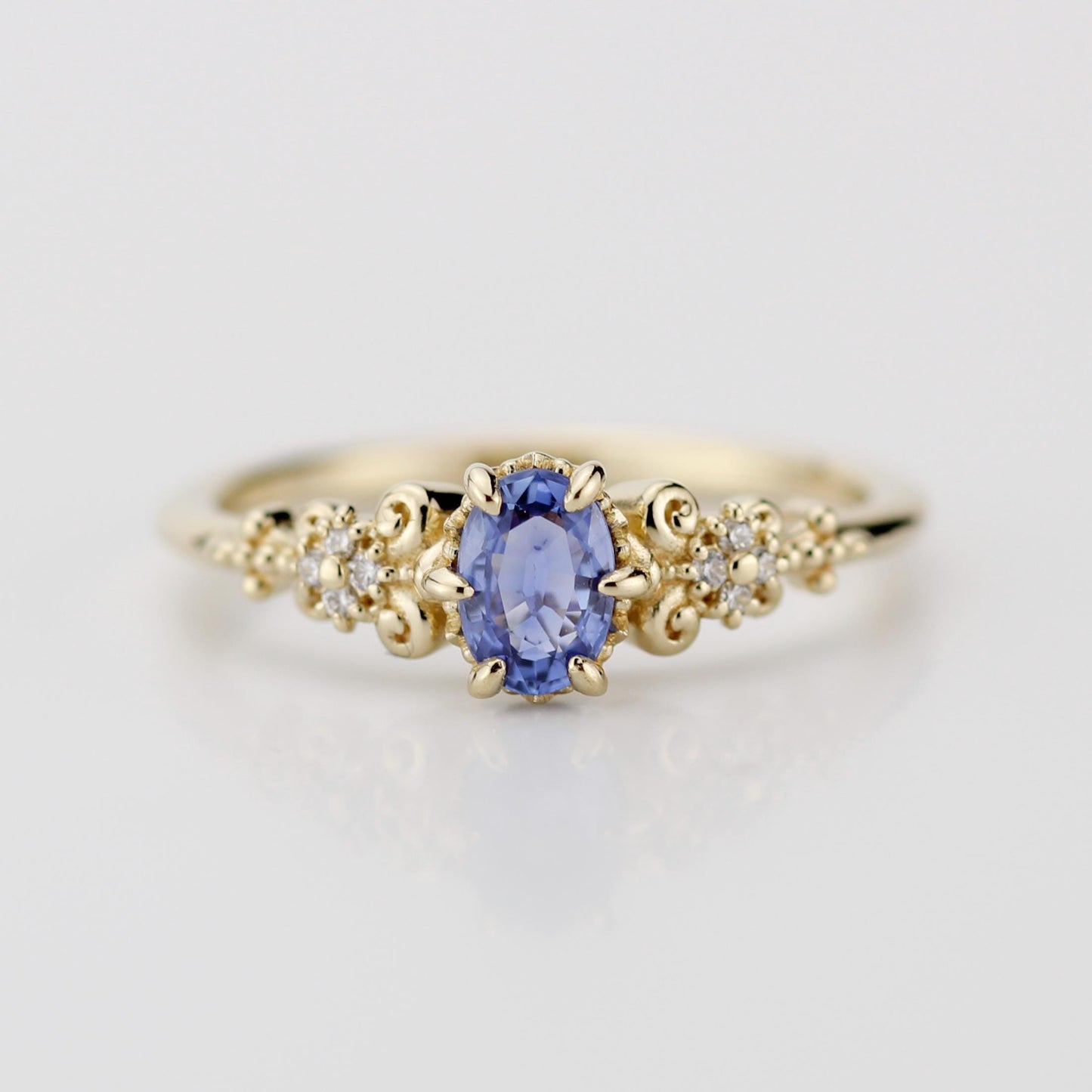 Oval blue sapphire and diamond engagement ring, vintage style engagement ring 18k gold