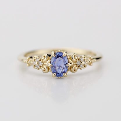 Oval blue sapphire and diamond engagement ring, vintage style engagement ring 18k gold