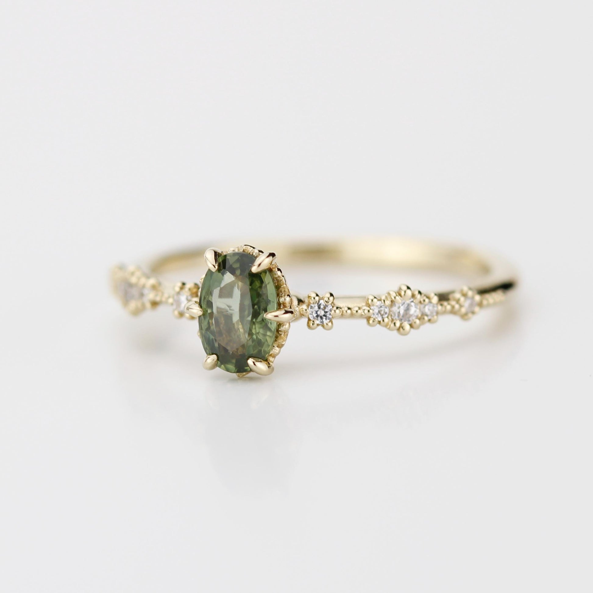 Green sapphire engagement ring, sapphire and diamond ring, oval engagement ring, September birthstone ring | R 322GS