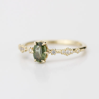 Green sapphire engagement ring, sapphire and diamond ring, oval engagement ring, September birthstone ring | R 322GS