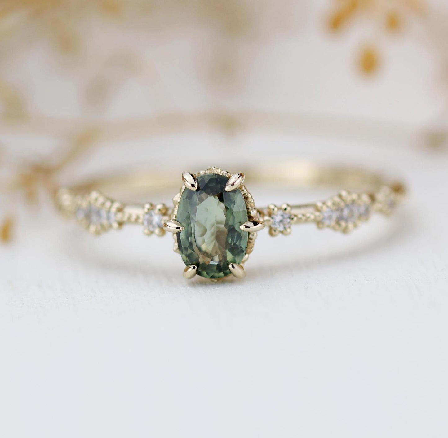 Green sapphire engagement ring, sapphire and diamond ring, oval engagement ring, September birthstone ring | R 322GS