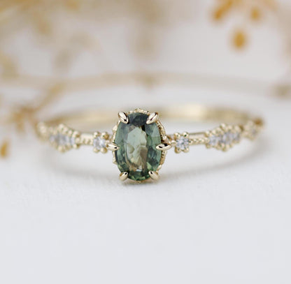 Green sapphire engagement ring, sapphire and diamond ring, oval engagement ring, September birthstone ring | R 322GS