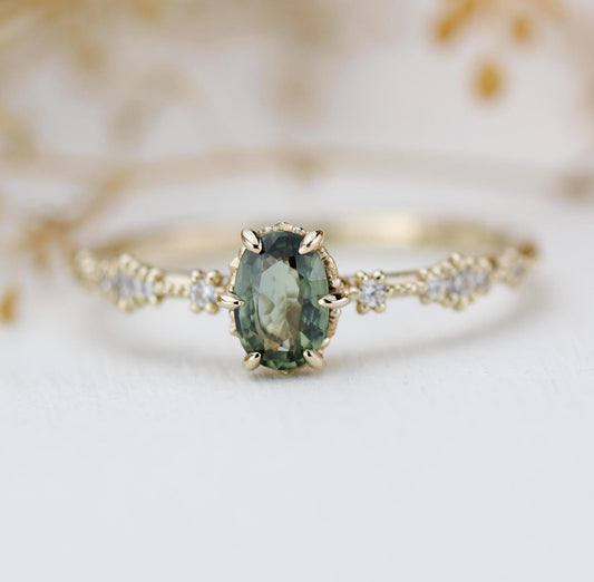 Green sapphire engagement ring, sapphire and diamond ring, oval engagement ring, September birthstone ring | R 322GS