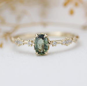 Green sapphire engagement ring, sapphire and diamond ring, oval engagement ring, September birthstone ring | R 322GS