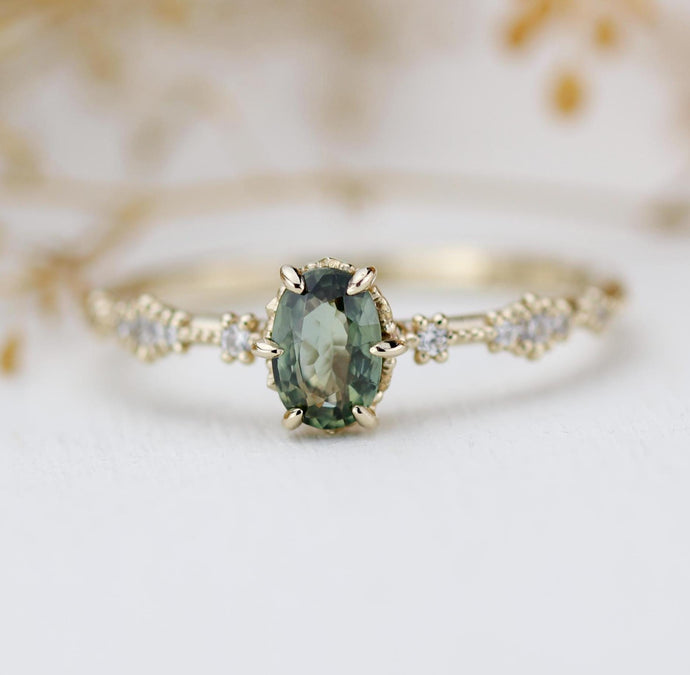 Green sapphire engagement ring, sapphire and diamond ring, oval engagement ring, September birthstone ring | R 322GS