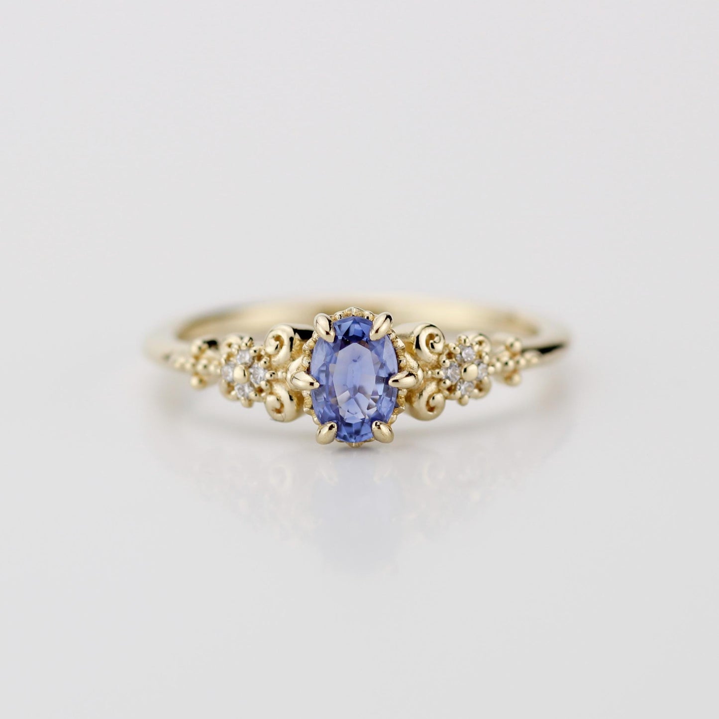 Oval blue sapphire and diamond engagement ring, vintage style engagement ring 18k gold