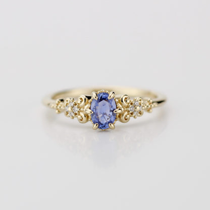 Oval blue sapphire and diamond engagement ring, vintage style engagement ring 18k gold