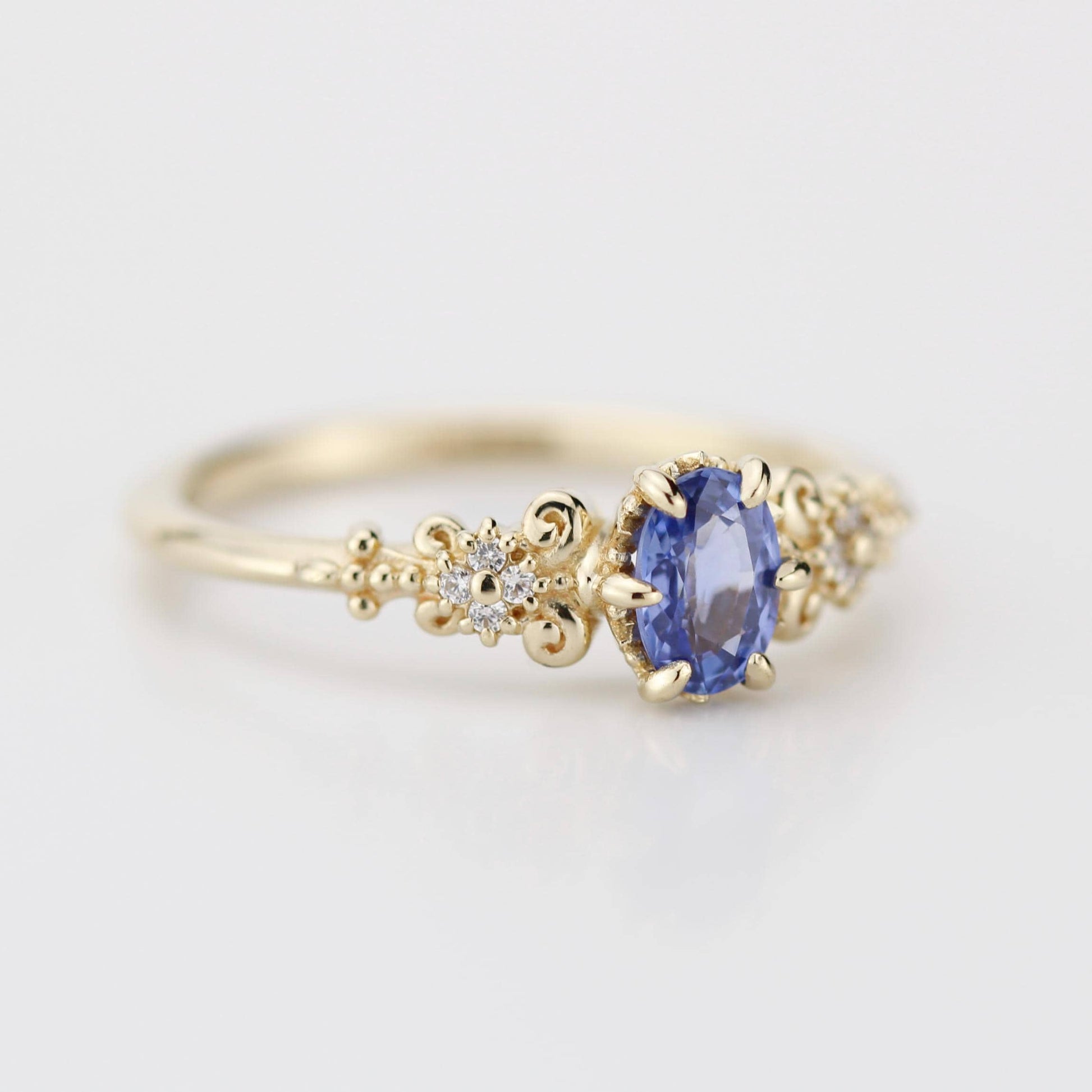 Oval blue sapphire and diamond engagement ring, vintage style engagement ring 18k gold
