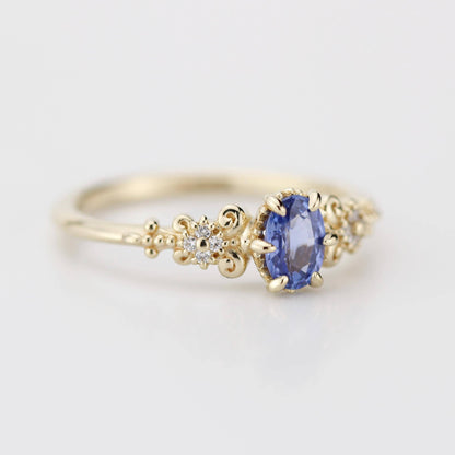 Oval blue sapphire and diamond engagement ring, vintage style engagement ring 18k gold