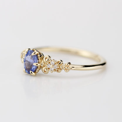 Oval blue sapphire and diamond engagement ring, vintage style engagement ring 18k gold