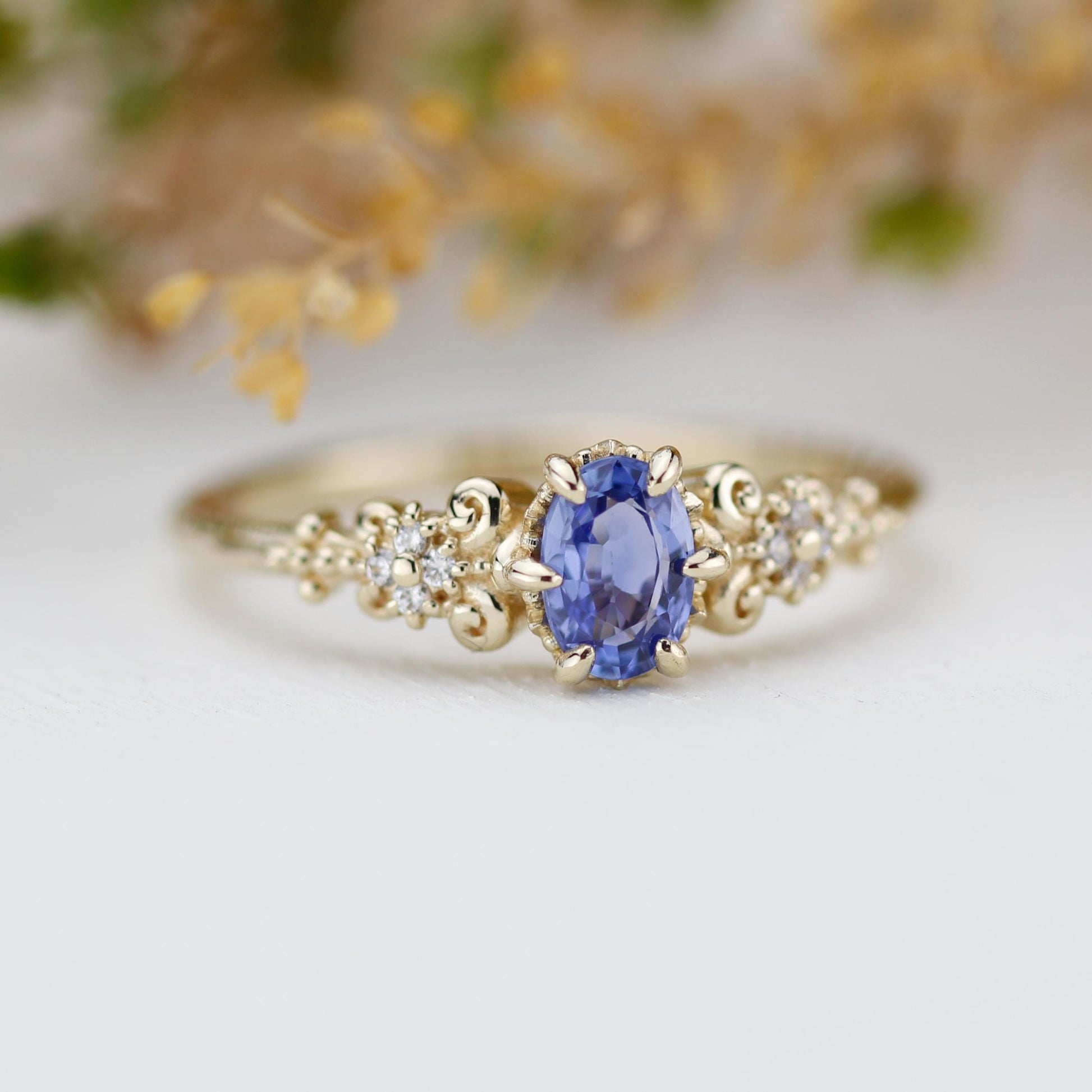 Oval blue sapphire and diamond engagement ring, vintage style engagement ring 18k gold
