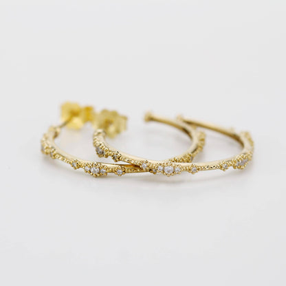18K Solid Gold Diamond Hoop Earrings: Beaded Fine Jewelry