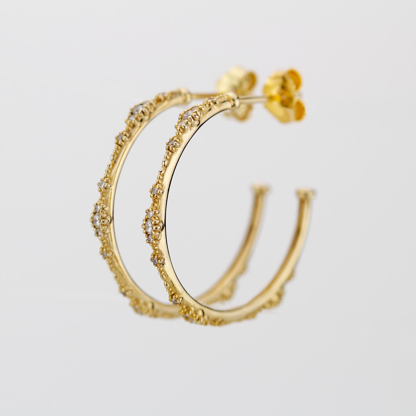 18K Solid Gold Diamond Hoop Earrings: Beaded Fine Jewelry