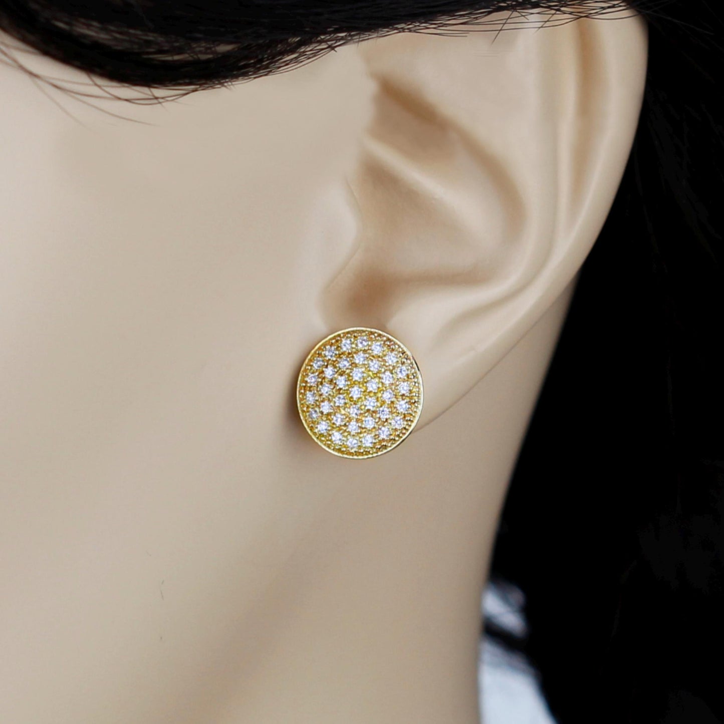 Pave Diamond Stud Earrings 18k Gold : Dainty Round Discs