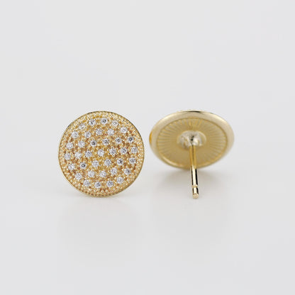 Pave Diamond Stud Earrings 18k Gold : Dainty Round Discs