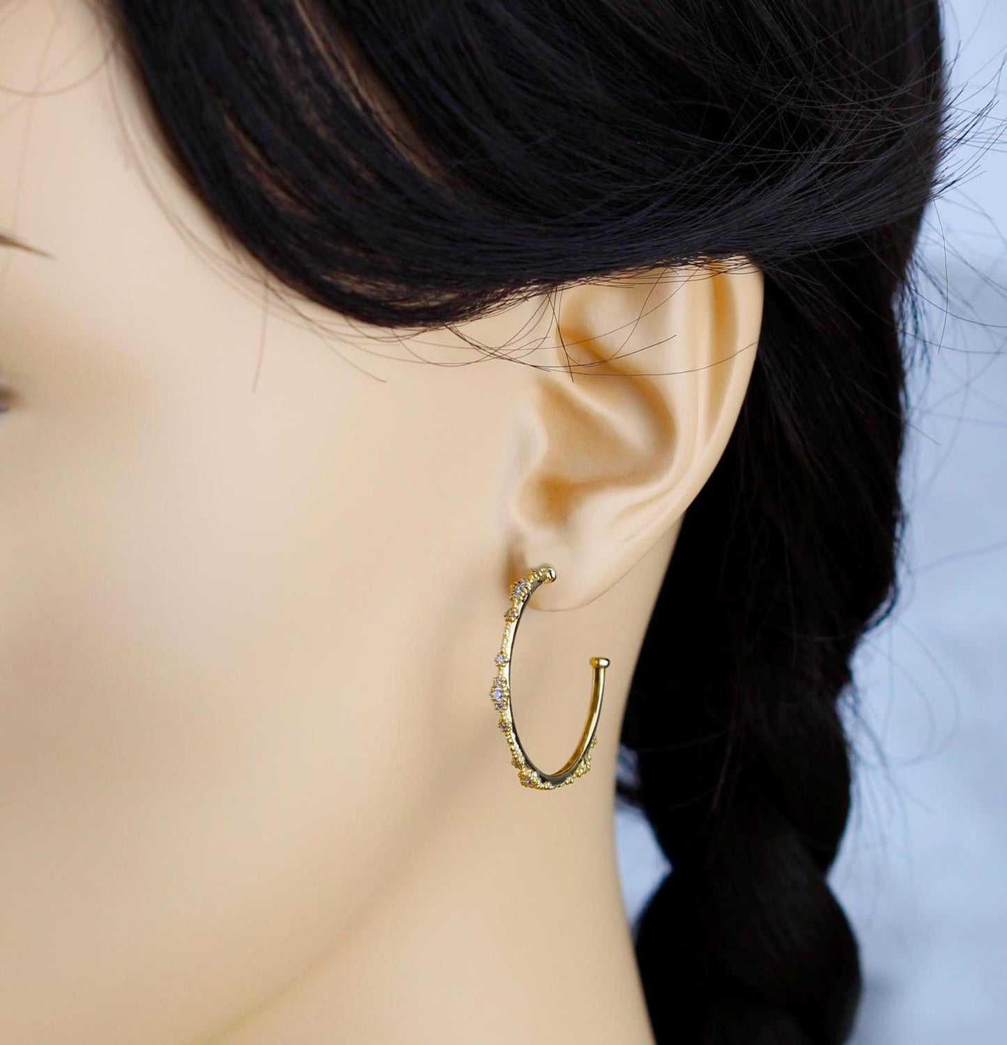 18K Solid Gold Diamond Hoop Earrings: Beaded Fine Jewelry