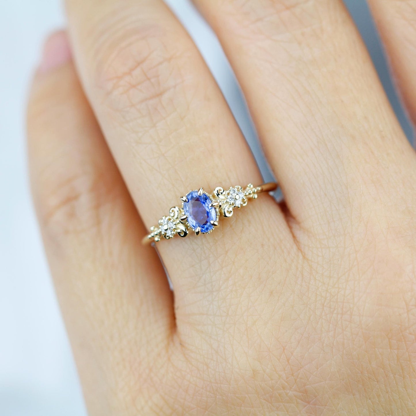 Oval blue sapphire and diamond engagement ring, vintage style engagement ring 18k gold