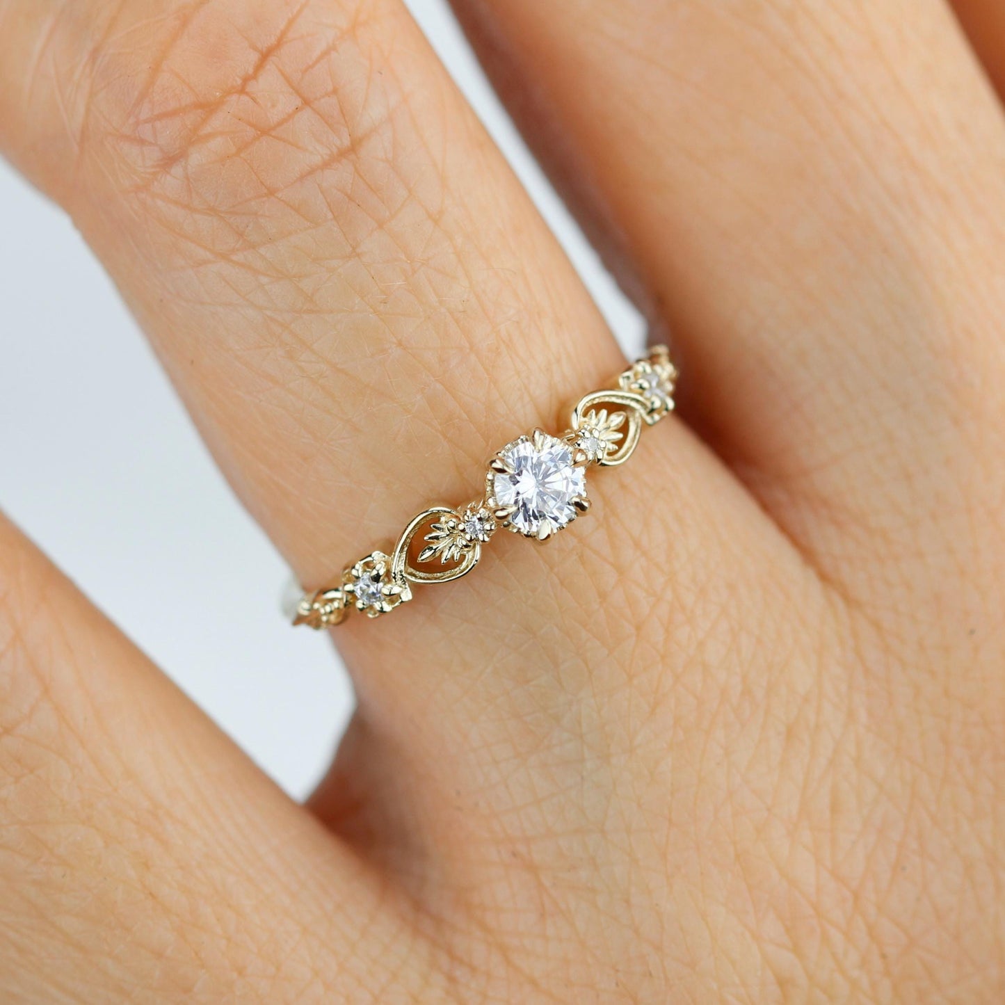 Baroque 18k Gold Engagement Ring, 0.25 ct Natural Diamond Ring