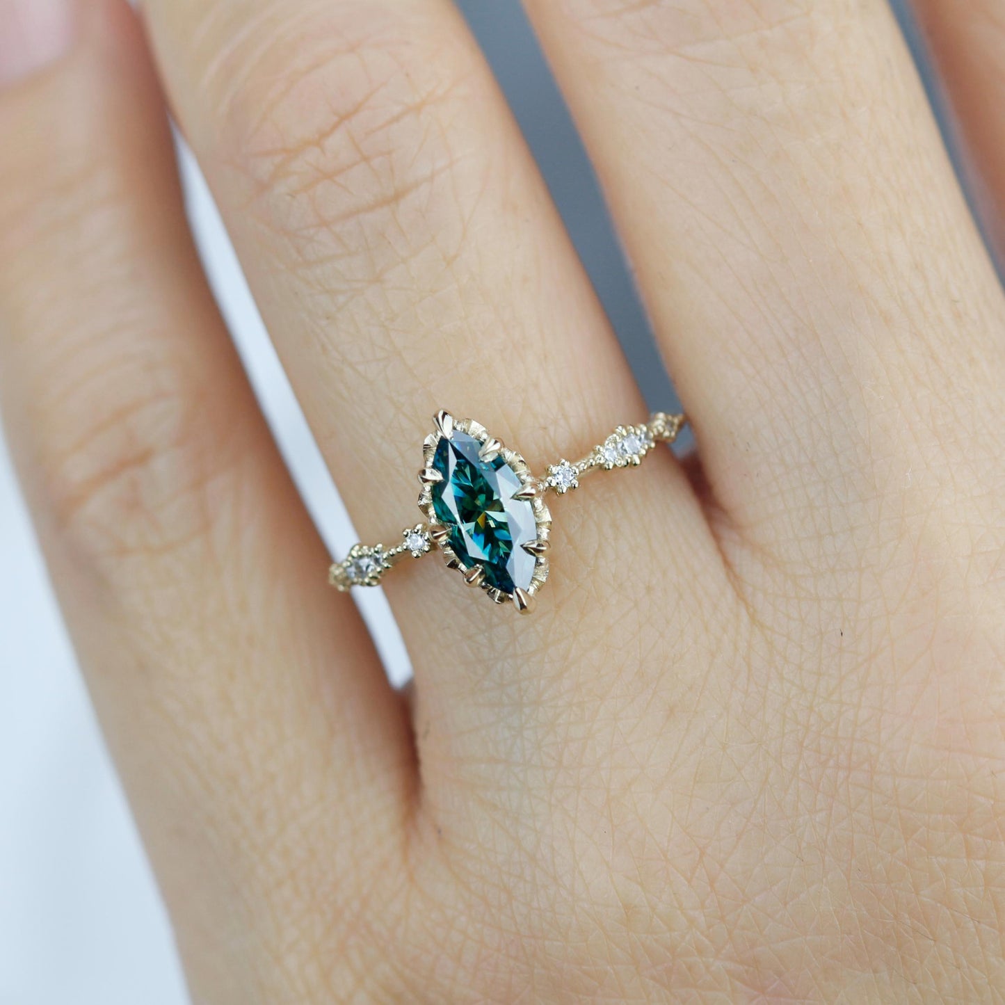Marquise Cut Teal Green Moissanite Ring with Diamond Accent in 18k Gold