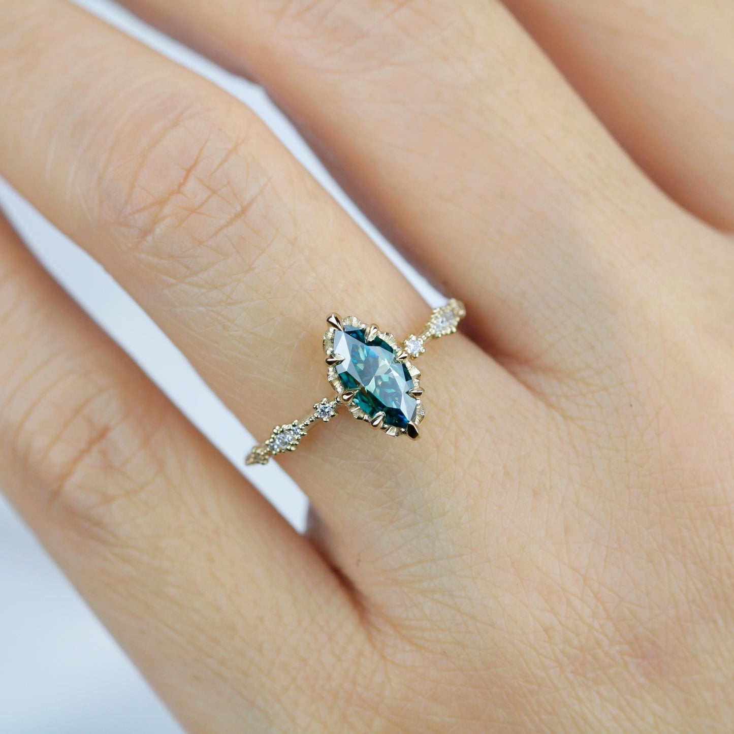 Marquise Cut Teal Green Moissanite Ring with Diamond Accent in 18k Gold