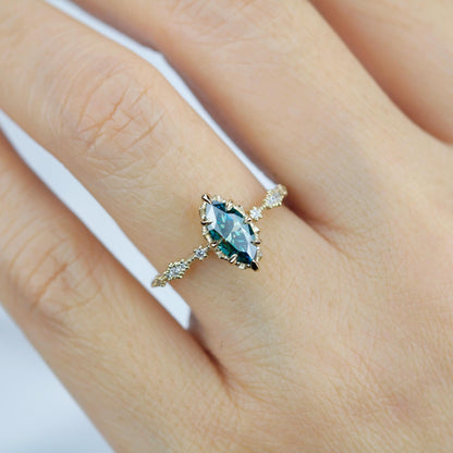Marquise Cut Teal Green Moissanite Ring with Diamond Accent in 18k Gold
