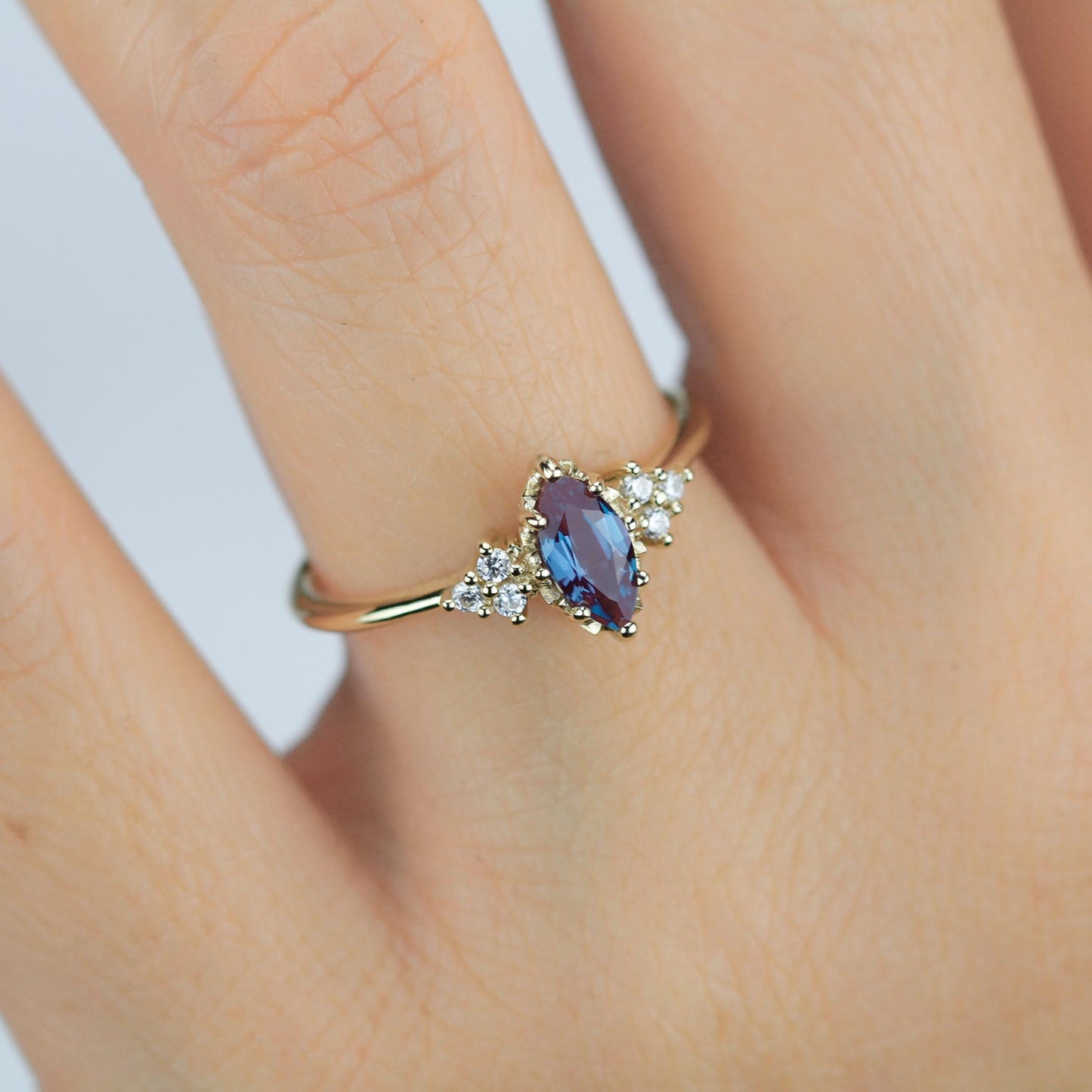 Marquise Lab Alexandrite Alexandrite and Diamond Engagement Ring in 18k Solid Gold
