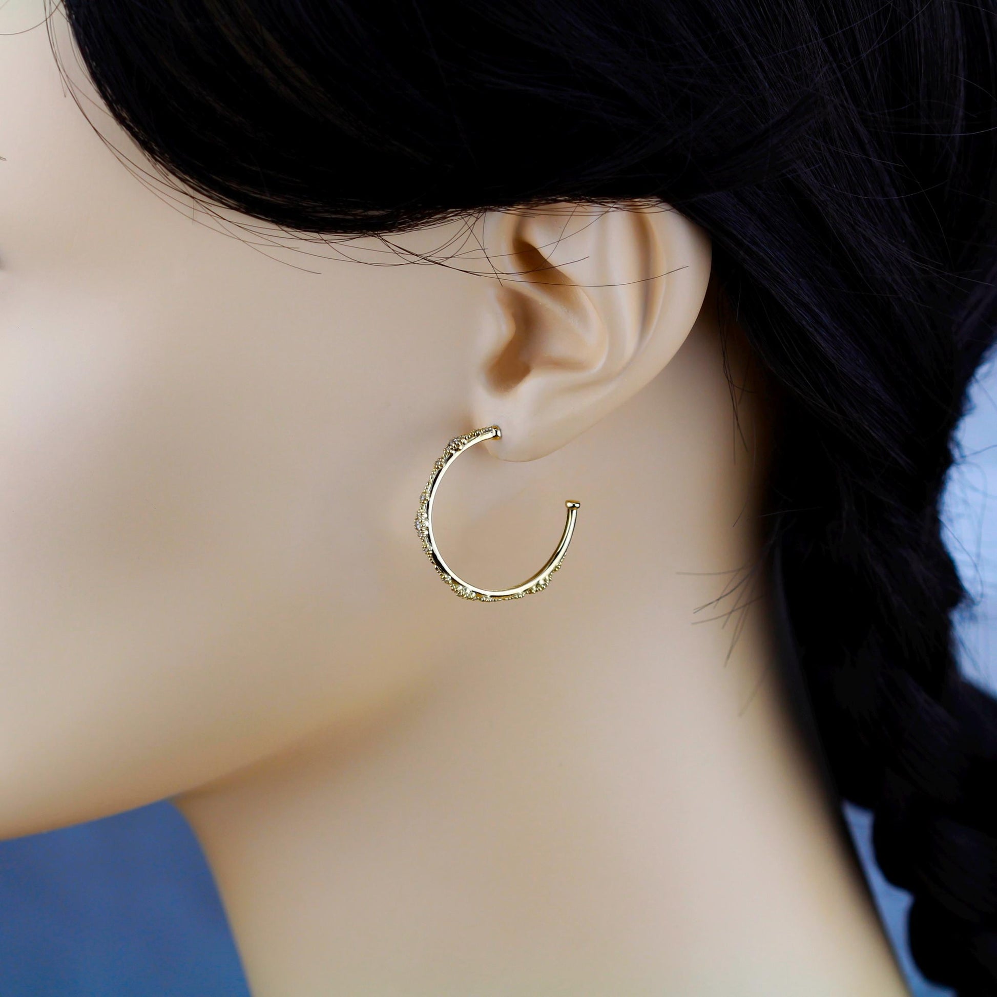 18K Solid Gold Diamond Hoop Earrings: Beaded Fine Jewelry