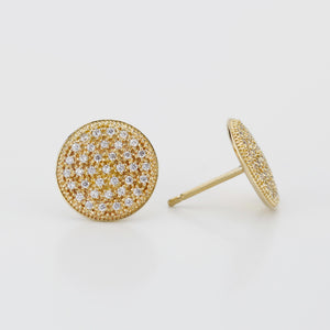 Pave Diamond Stud Earrings 18k Gold : Dainty Round Discs