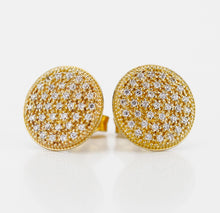 Load image into Gallery viewer, Close-up of elegant 18K solid gold round disk stud earrings, featuring 74 natural 1mm G color VS clarity diamonds in a pave setting, with a butterfly ear back