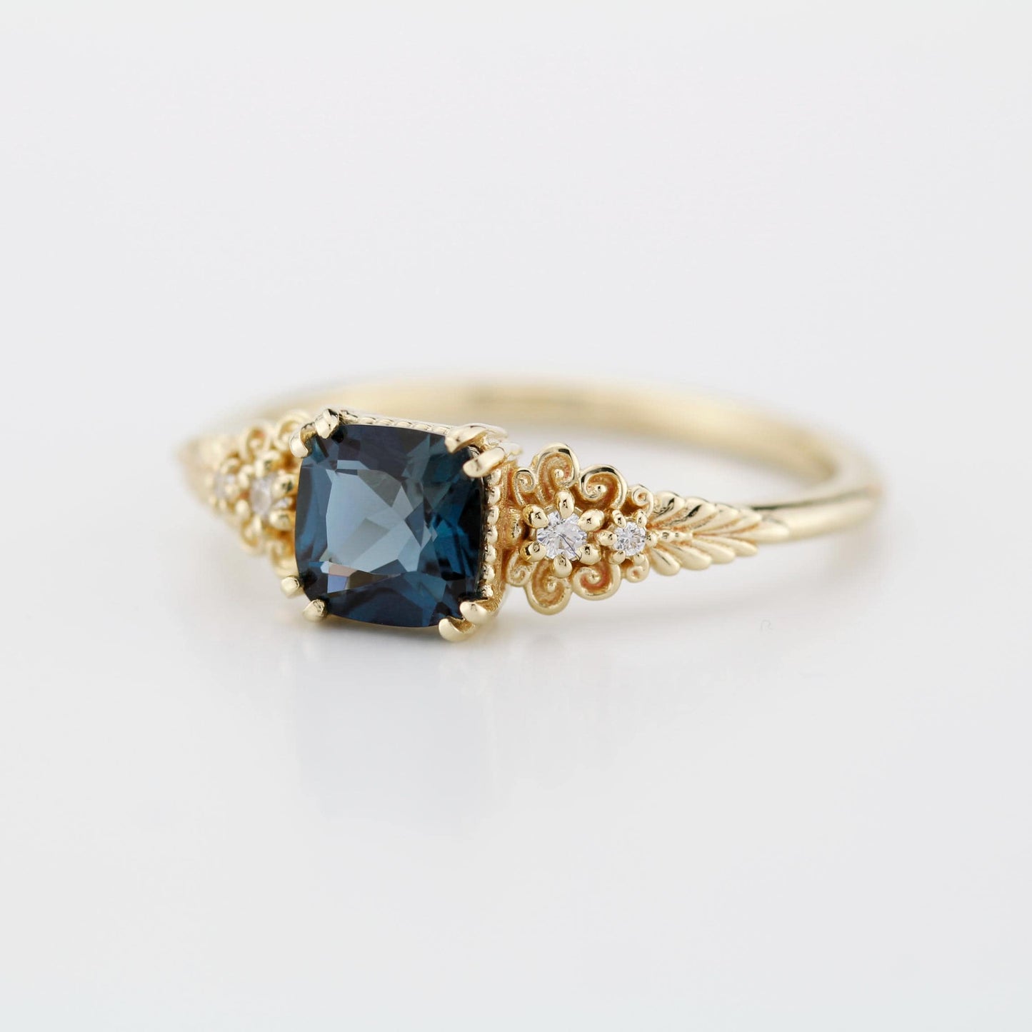 Vintage 18K Gold Cushion Cut Ring, Antique Filigree Engagement Ring with Natural London blue topaz and Diamonds, Elegant Heirloom Jewelry