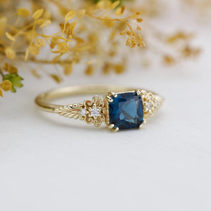 Vintage 18K Gold Cushion Cut Ring, Antique Filigree Engagement Ring with Natural London blue topaz and Diamonds, Elegant Heirloom Jewelry
