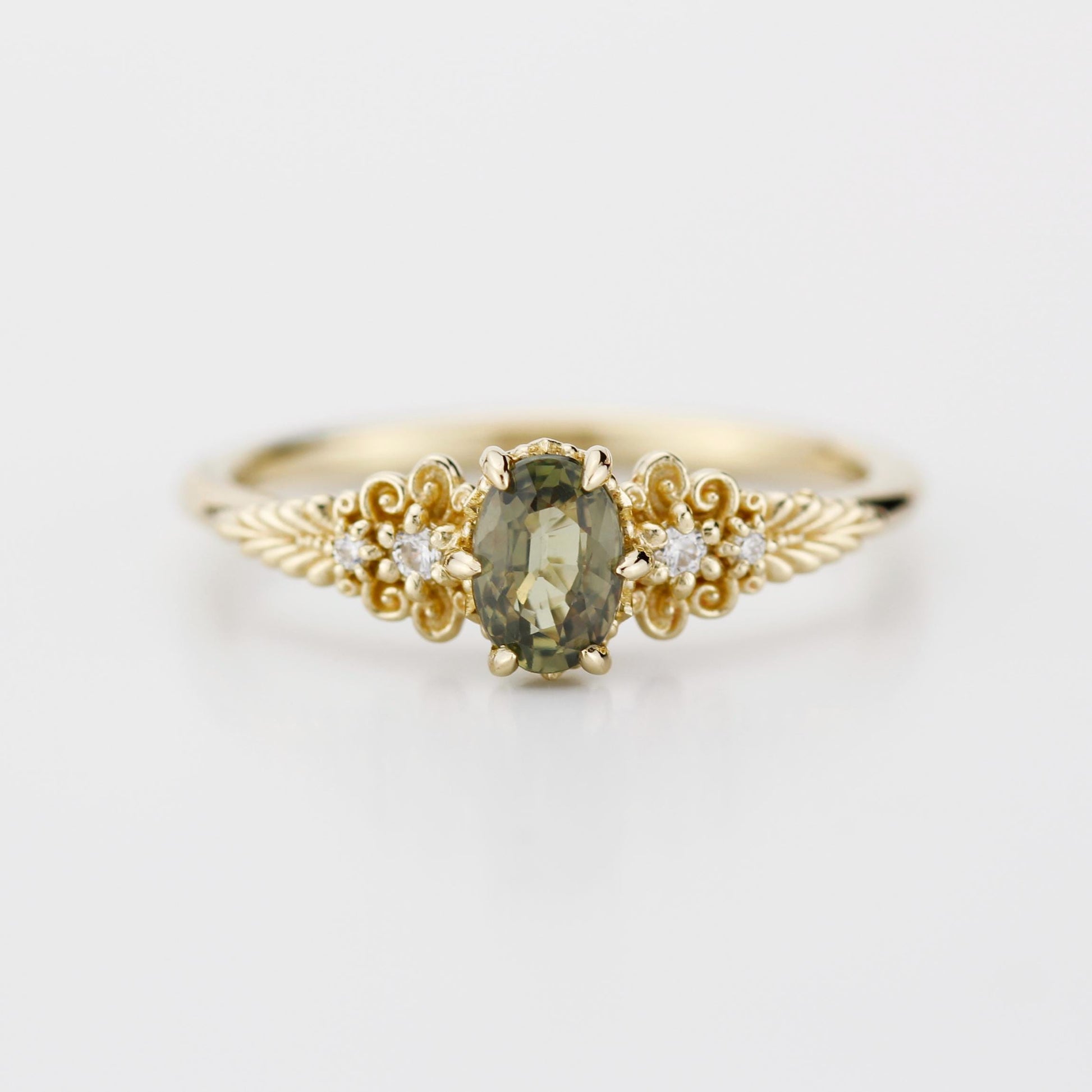 Vintage style Oval Engagement Ring, art deco olive green sapphire and diamond engagement ring, 18k gold ring 