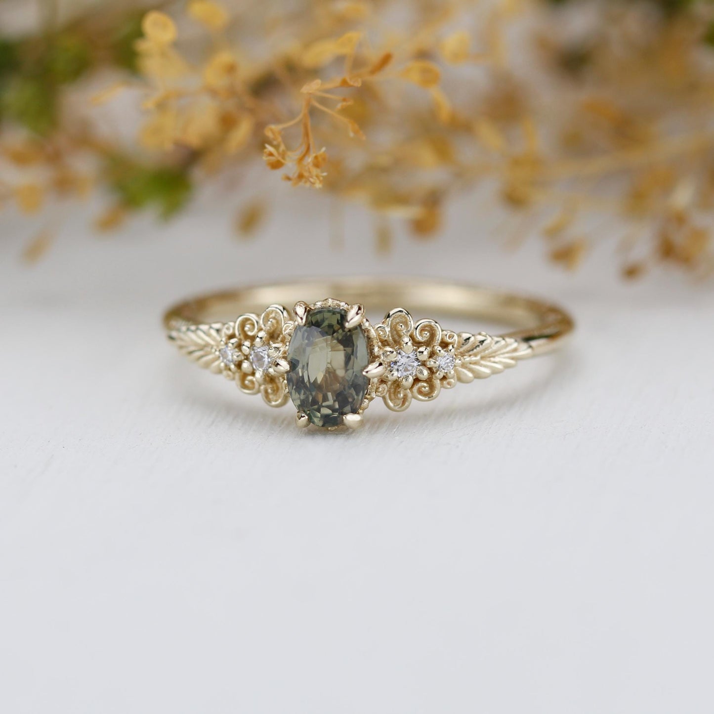 Vintage style Oval Engagement Ring, art deco olive green sapphire and diamond engagement ring, 18k gold ring 